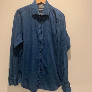 Thomas Dean Long Sleeve Button Up, Blue with subtle Pattern, XL